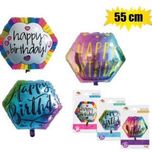 BALLOON HELIUM FOIL HEXGN BDAY 55cm F-02