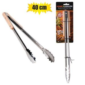 BBQ TONGS S/S 40cm WOODEN HANDLE H&L