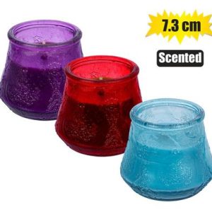 CANDLE IN HOLDER GLS 7.3cm SCENTED ASSTD