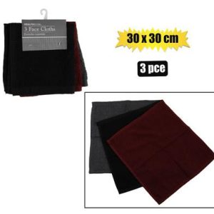 FACE CLOTH 30x30cm 3PC PLAIN ASSTD DARK