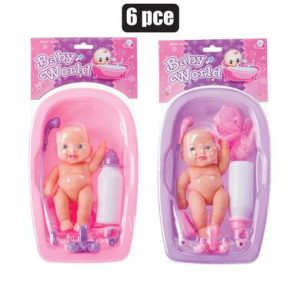 DOLL BABY LRG W/BATH + ACC 6PC 28x18cm