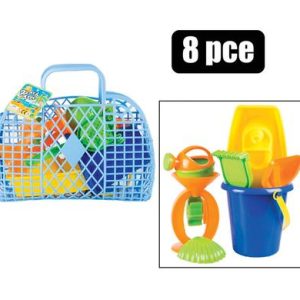 BEACH TOY SET IN HAND BASKET 8PCS
