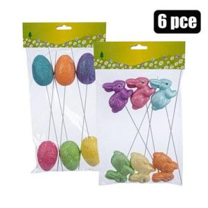 EASTER GLITTER FOAM DECOR STAKES 6PC AST