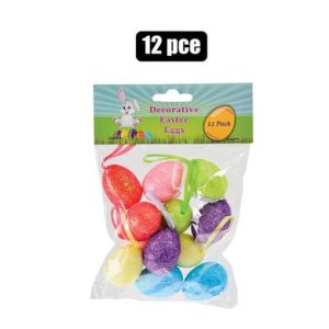 EASTER DECOR EGGS GLITTER W/RIBBON 12PC